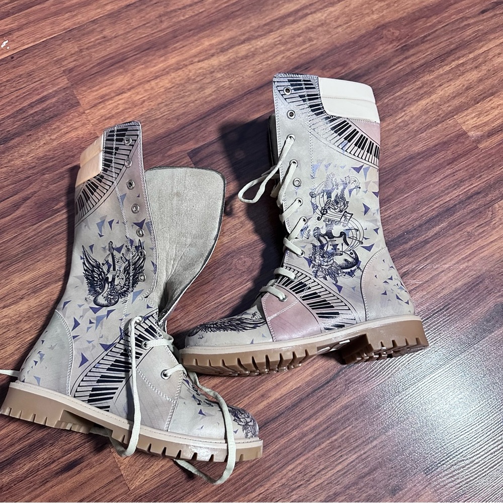 NWOT Musical Print Lace Up Combat Boots